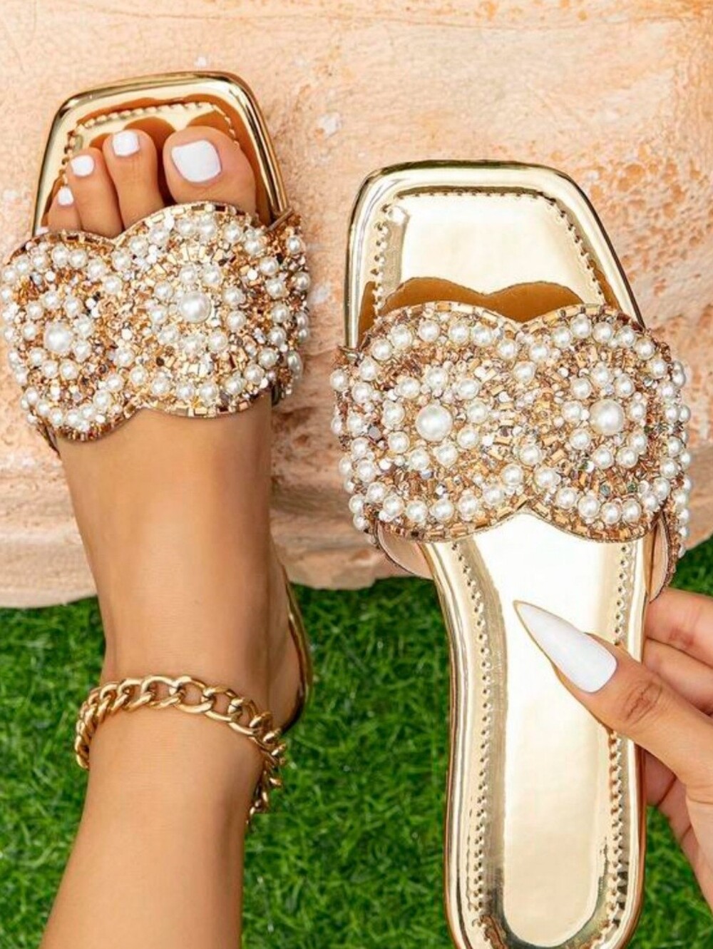 Gold Pearl-Embellished Women's Slide Sandals